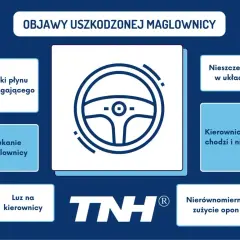 Grafika przedstawia ikonę kierownicy i listę objawów uszkodzonej maglownicy.