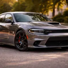 Szary Dodge Charger z mocnym silnikiem hemi, z czarnymi felgami i czerwonymi zaciskami hamulcowymi, zaparkowany na tle drzew.