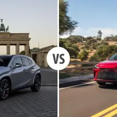 Dwa modele Lexus SUV: srebrny przed Bramą Brandenburską, czerwony na krętej drodze.
