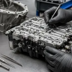Mechanik w czarnych rękawiczkach precyzyjnie pracuje nad mechatroniką skrzyni DSG. W tle widać elementy obudowy i koła zębate.