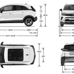 Opel Crossland wymiary: długość 4217-4229 mm, szerokość 1765 mm, wysokość 1605 mm. Rozstaw osi 2604 mm.
