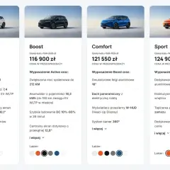 Porównanie wersji byd dolphin: Active, Boost, Comfort, Sport. Różne kolory i wyposażenie.