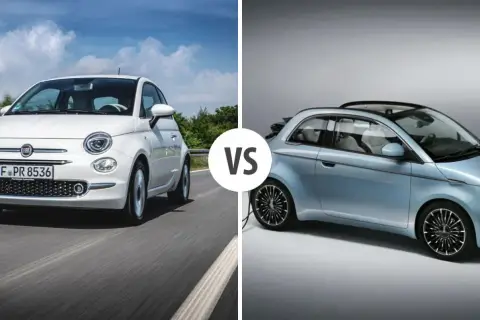 Porównanie: biały Fiat 500 na drodze kontra nowy, błękitny Fiat 500 z otwieranym dachem.