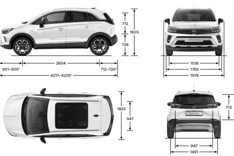 Opel Crossland wymiary: długość 4217-4229 mm, szerokość 1765 mm, wysokość 1605 mm. Rozstaw osi 2604 mm.