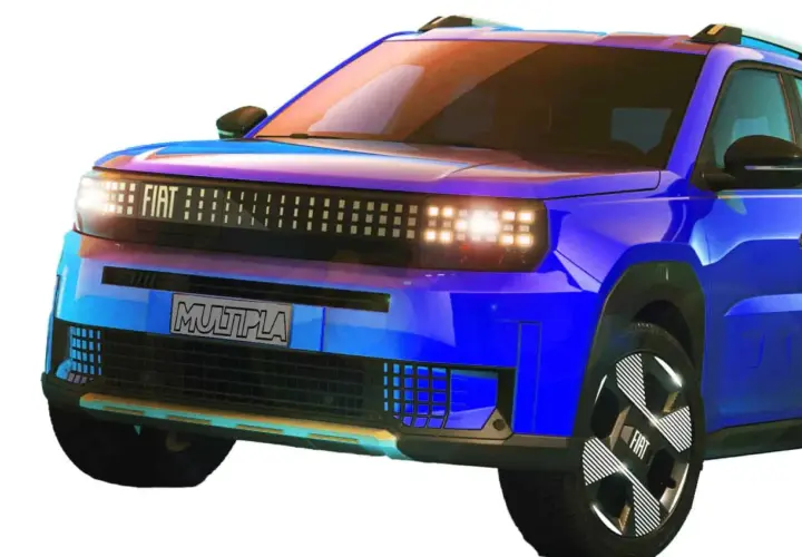 Nowy, niebieski Fiat Multipla z nowoczesnym designem i podświetlanym grillem.
