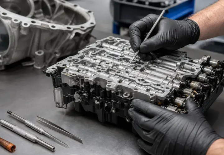 Mechanik w czarnych rękawiczkach precyzyjnie pracuje nad mechatroniką skrzyni DSG. W tle widać elementy obudowy i koła zębate.