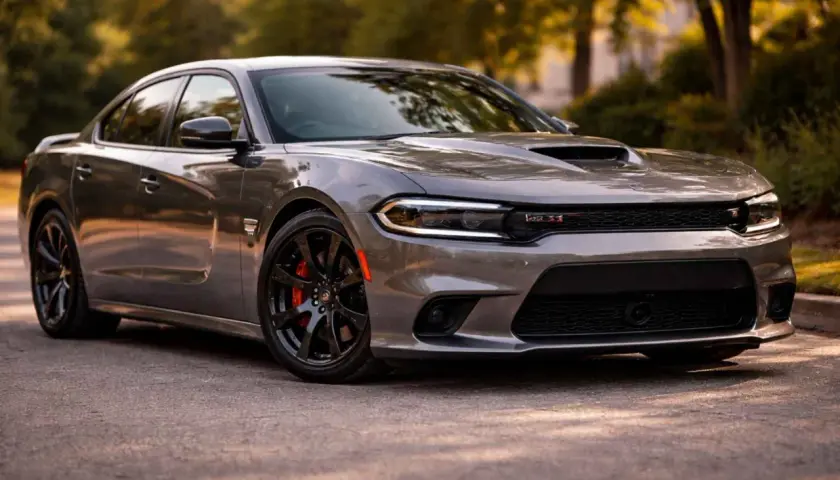 Szary Dodge Charger z mocnym silnikiem hemi, z czarnymi felgami i czerwonymi zaciskami hamulcowymi, zaparkowany na tle drzew.
