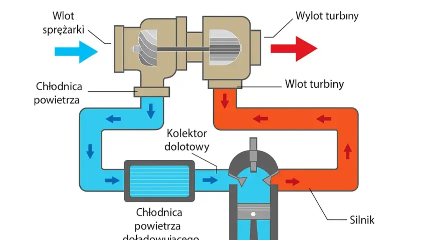 Schemat działania turbosprężarki: wlot sprężarki, chłodnica powietrza, kolektor dolotowy, silnik, wlot i wylot turbiny.