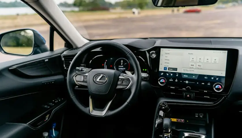 Wnętrze Lexusa z ekranem multimedialnym, na którym widać opcje radia i nawigacji, sugerujące android auto aktualizacja.