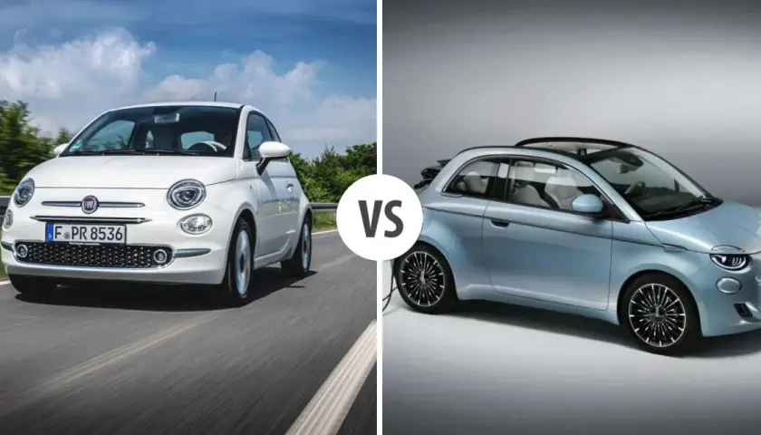 Porównanie: biały Fiat 500 na drodze kontra nowy, błękitny Fiat 500 z otwieranym dachem.