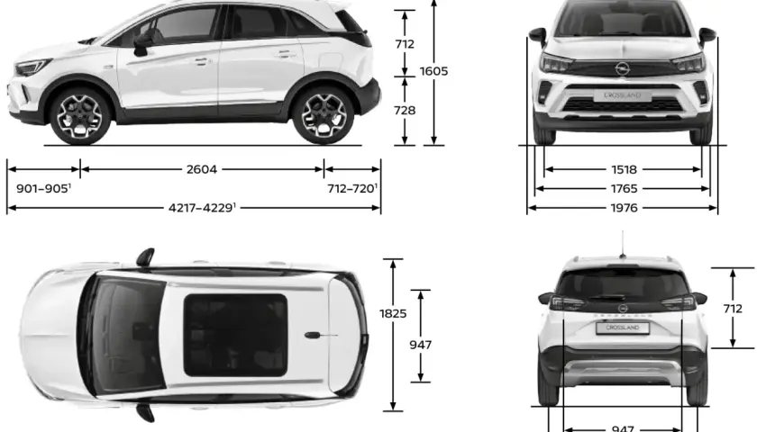 Opel Crossland wymiary: długość 4217-4229 mm, szerokość 1765 mm, wysokość 1605 mm. Rozstaw osi 2604 mm.