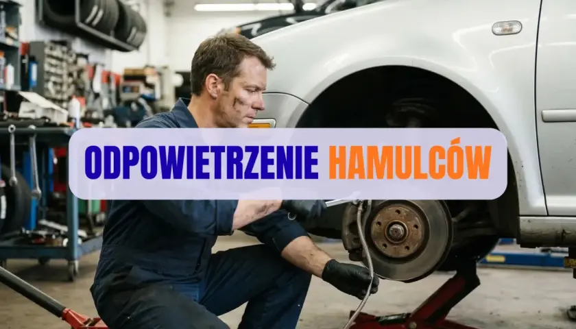 Mechanik w warsztacie wykonuje odpowietrzanie hamulców w samochodzie, dbając o bezpieczeństwo na drodze.