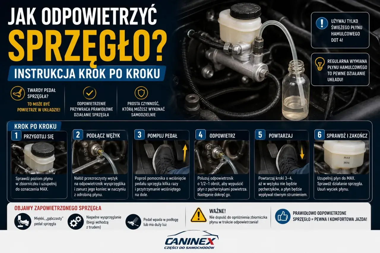 Instrukcja jak odpowietrzyć sprzęgło krok po kroku. Sprawdź płyn, podłącz wężyk, pompuj pedał, odpowietrz, powtarzaj i zakończ.