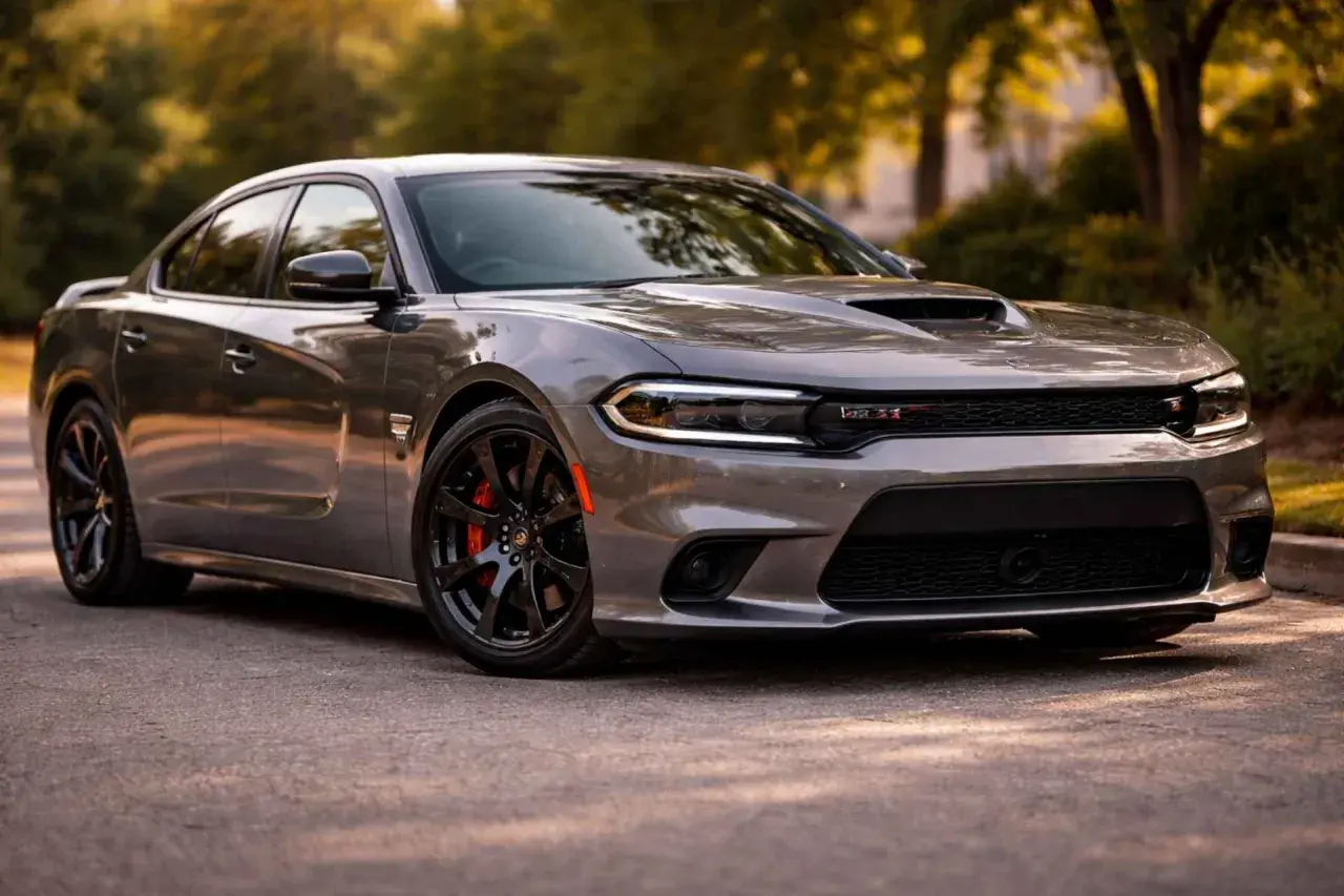 Szary Dodge Charger z mocnym silnikiem hemi, z czarnymi felgami i czerwonymi zaciskami hamulcowymi, zaparkowany na tle drzew.