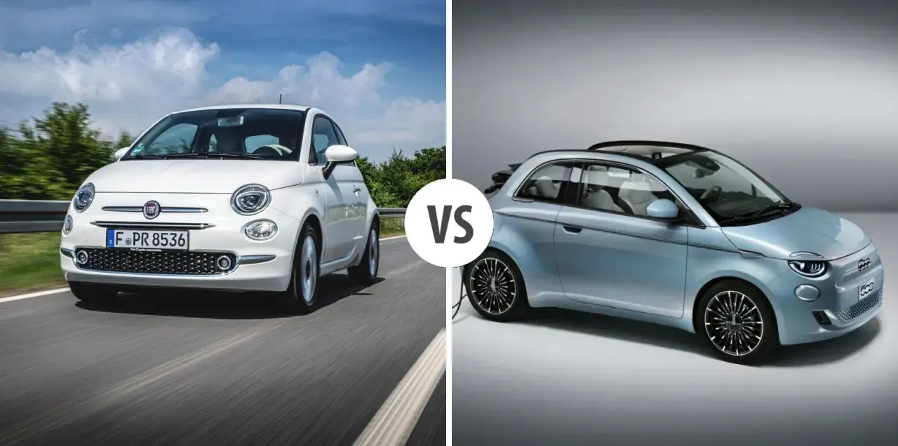 Porównanie: biały Fiat 500 na drodze kontra nowy, błękitny Fiat 500 z otwieranym dachem.