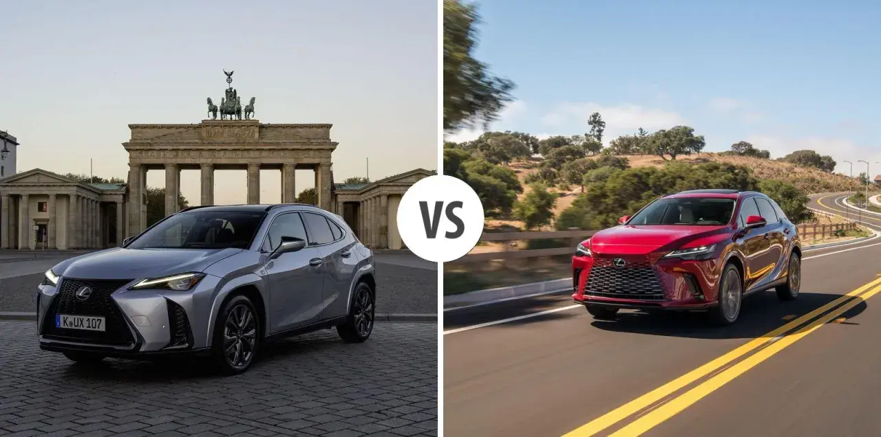 Dwa modele Lexus SUV: srebrny przed Bramą Brandenburską, czerwony na krętej drodze.