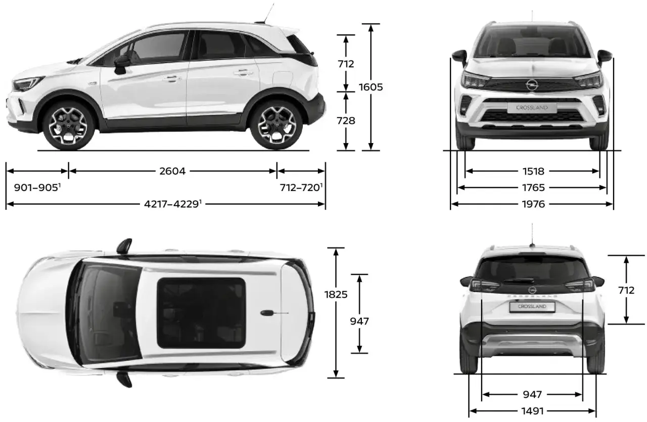 Opel Crossland wymiary: długość 4217-4229 mm, szerokość 1765 mm, wysokość 1605 mm. Rozstaw osi 2604 mm.
