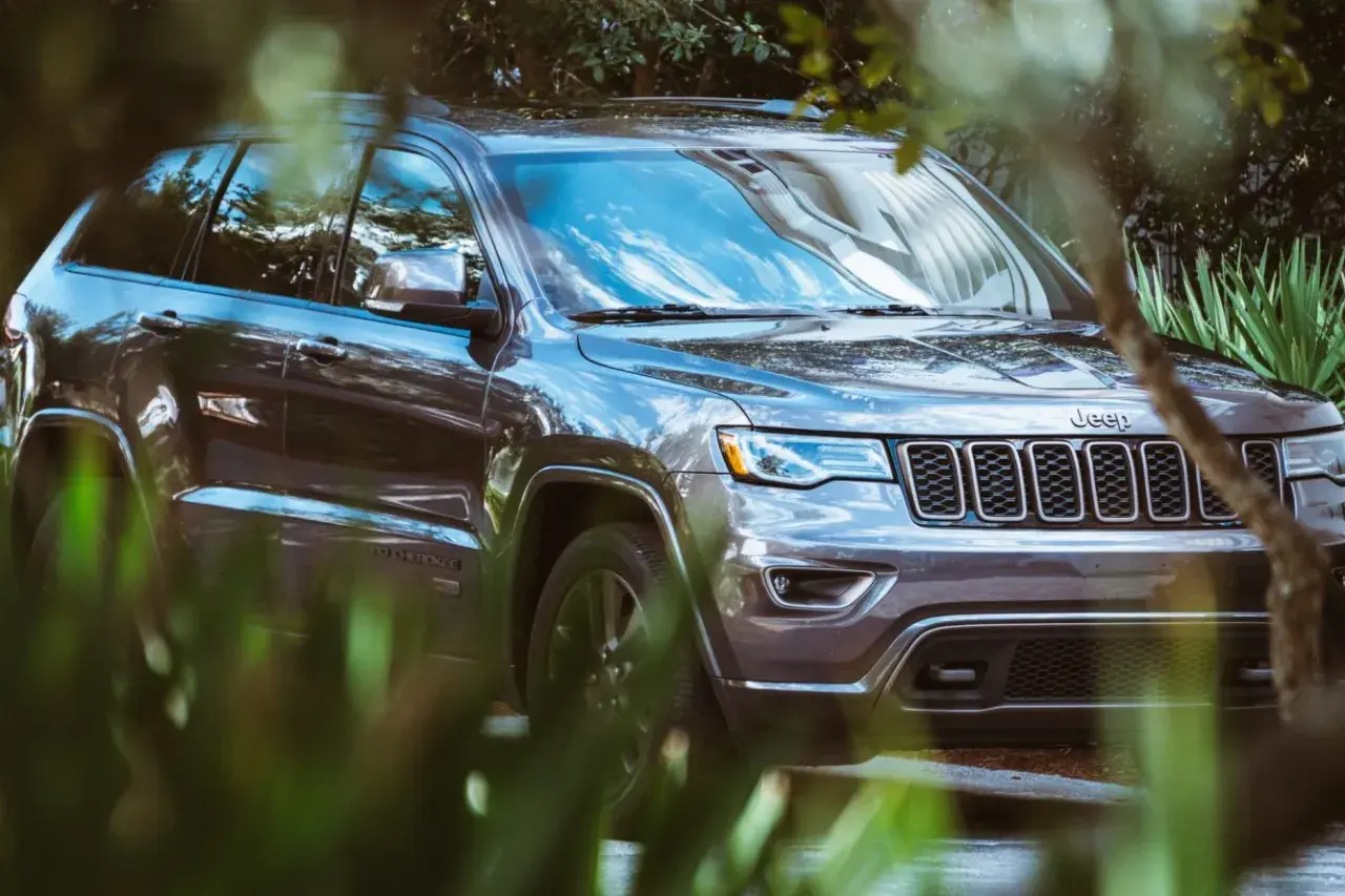 Szary Jeep Grand Cherokee 3.6 zaparkowany wśród zieleni.