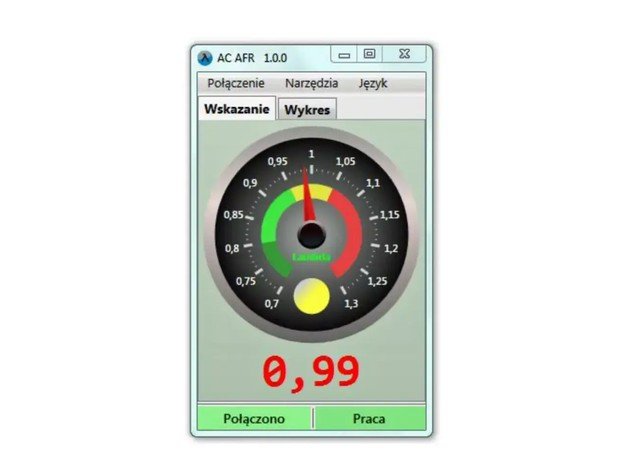 Wskaźnik AFR na ekranie komputera pokazuje wartość 0,99. Wskaźnik lambda jest w strefie czerwonej.