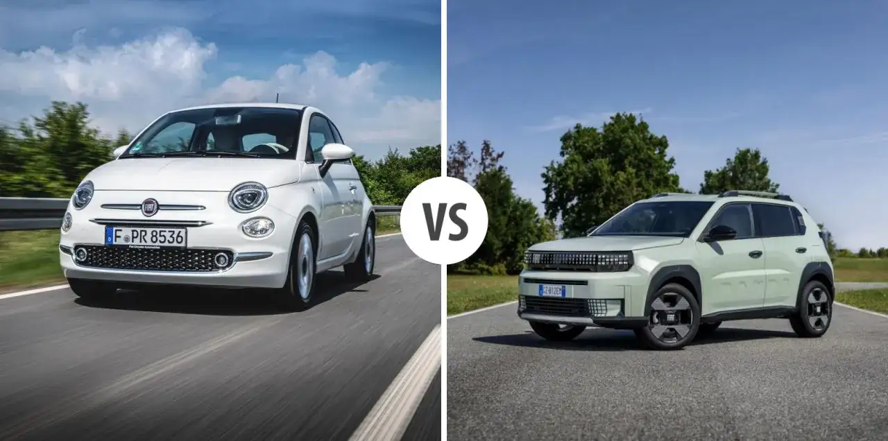 Biały Fiat 500e kontra zielony Fiat Panda. Dwa modele fiat elektryczny na drodze, porównanie.