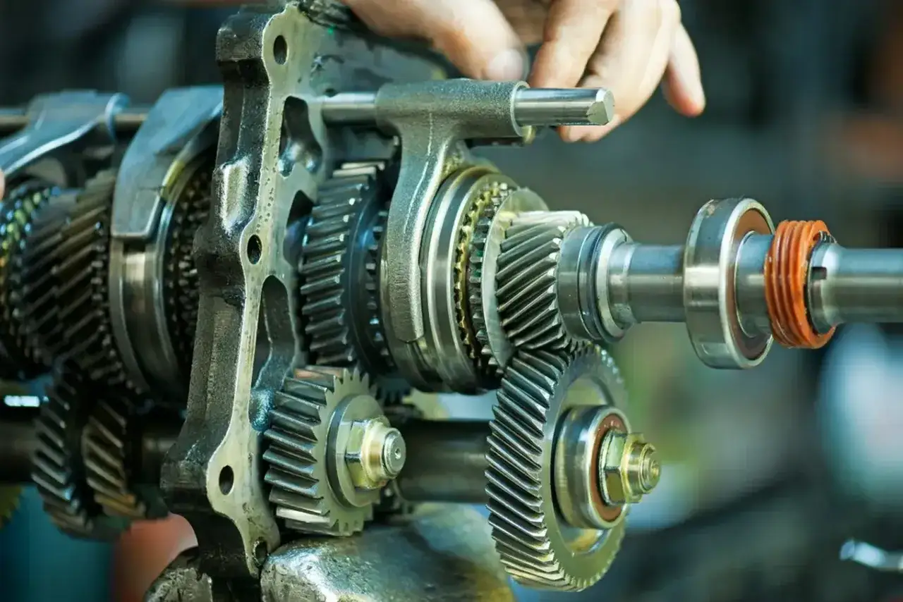 Mechanik pracuje nad adaptacją skrzyni biegów, precyzyjnie składając metalowe tryby i wałki.